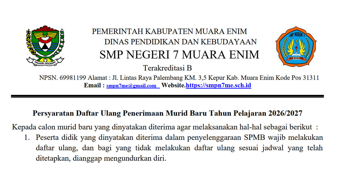 Jadwal dan Syarat Daftar Ulang SPMB SMPN 7 MUARA ENIM 2026-2027