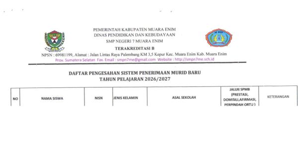 PENGUMUMAN HASIL SPMB SMP NEGERI 7 MUARA ENIM 2026-2027